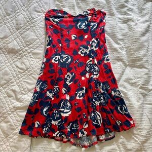 Motel Rocks Red Strapless Floral Dress with Navy & White Roses